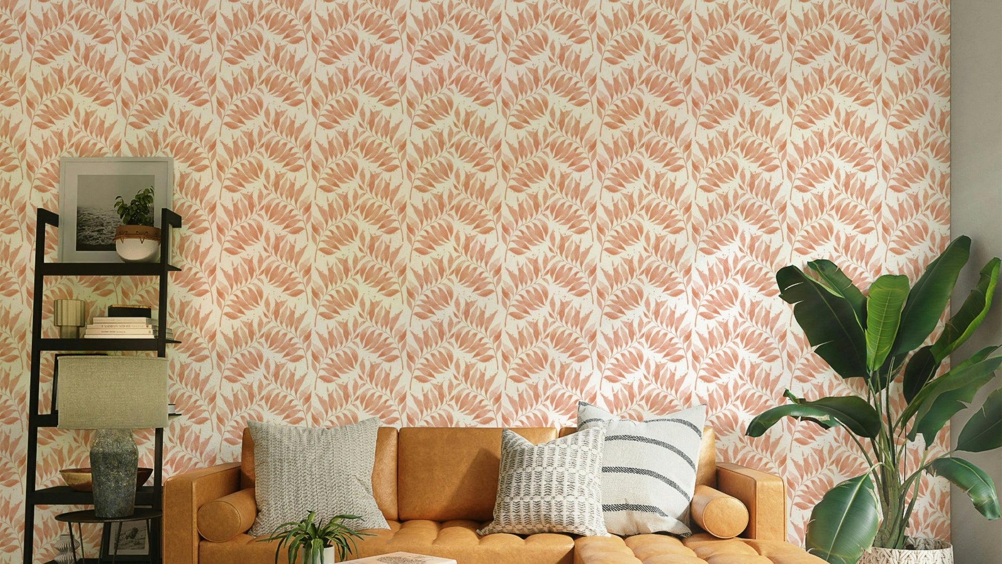 Warm terracotta palm leaves wallpaper pattern GD688

