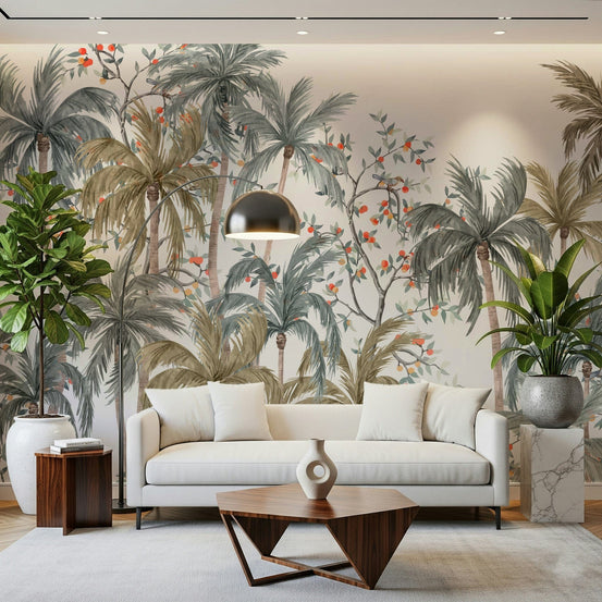 Living room with Watercolor Palms Wall Mural in soft green tones., GD7592