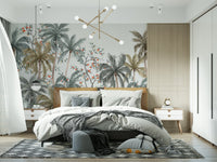 Bedroom feature wall featuring Watercolor Palms wallpaper in a minimalist style.