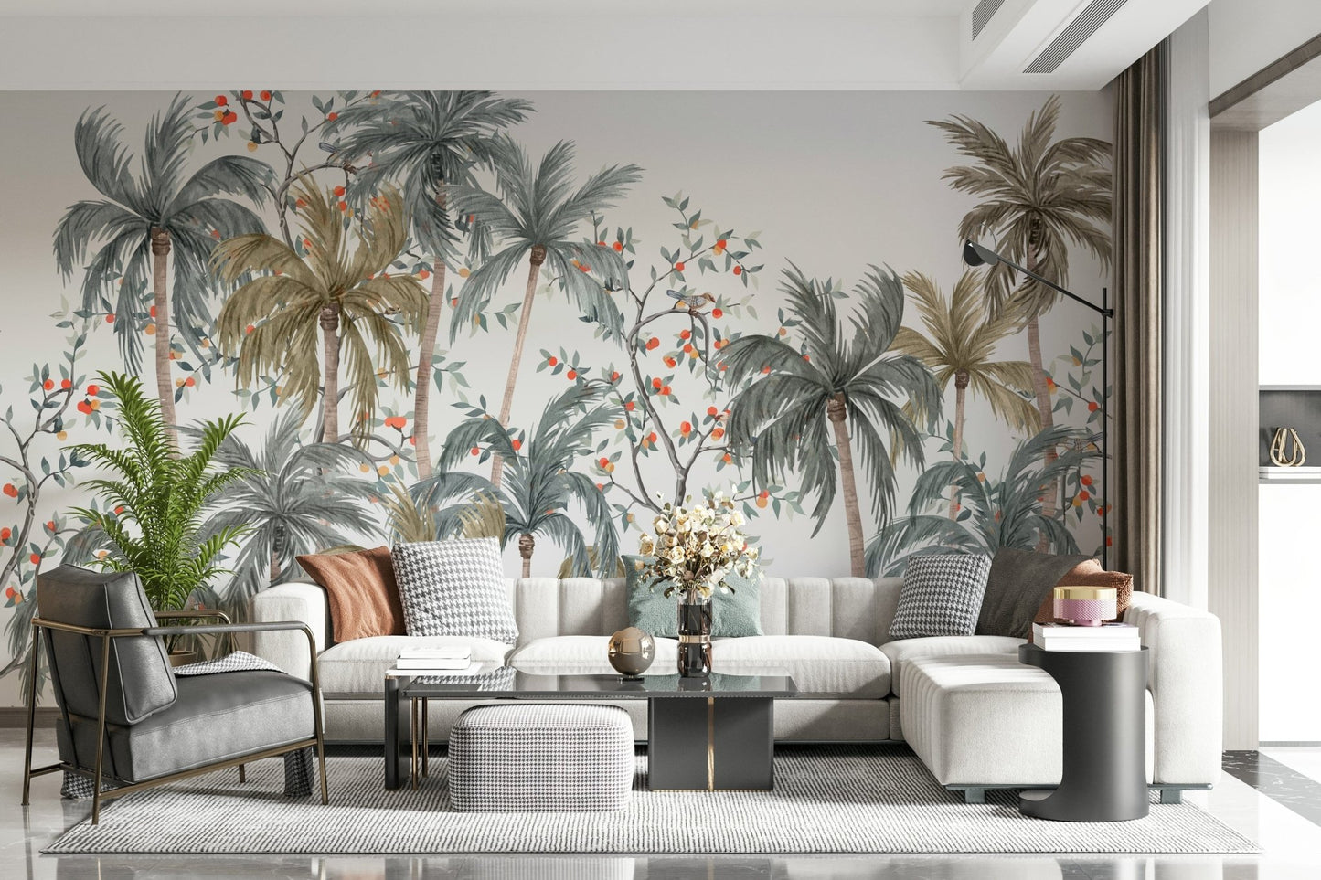Dining area wall mural with Watercolor Palms design and wooden furniture.