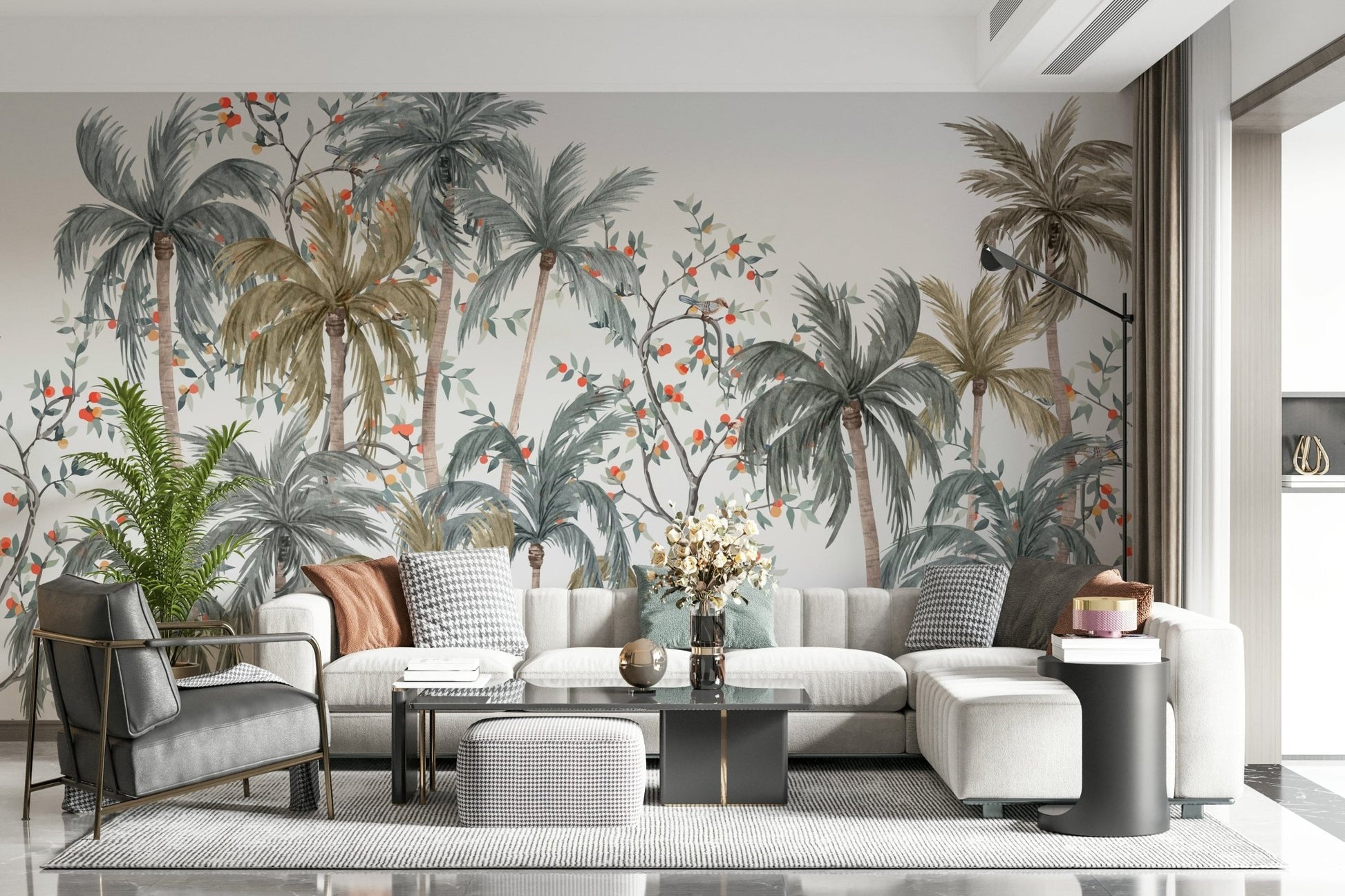 Dining area wall mural with Watercolor Palms design and wooden furniture.
