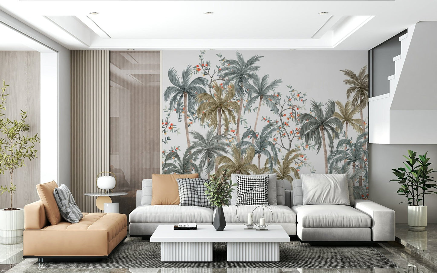 Nursery wall mural with Watercolor Palms pattern in light pastel colours.
