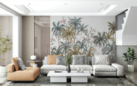 Nursery wall mural with Watercolor Palms pattern in light pastel colours.