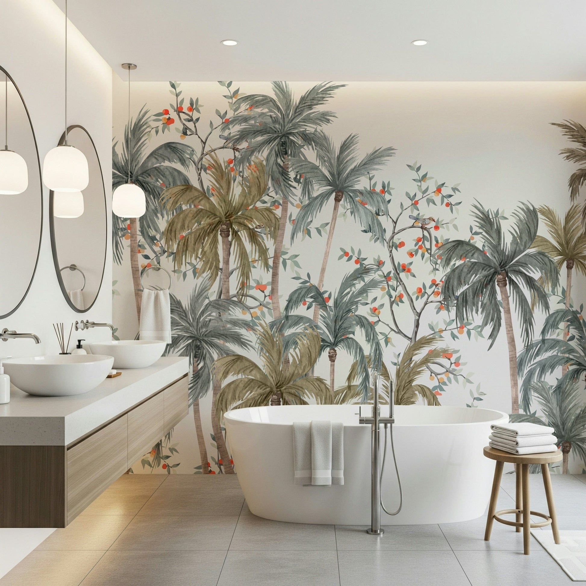 Study room wall with Watercolor Palms Wall Mural and sleek desk setup.