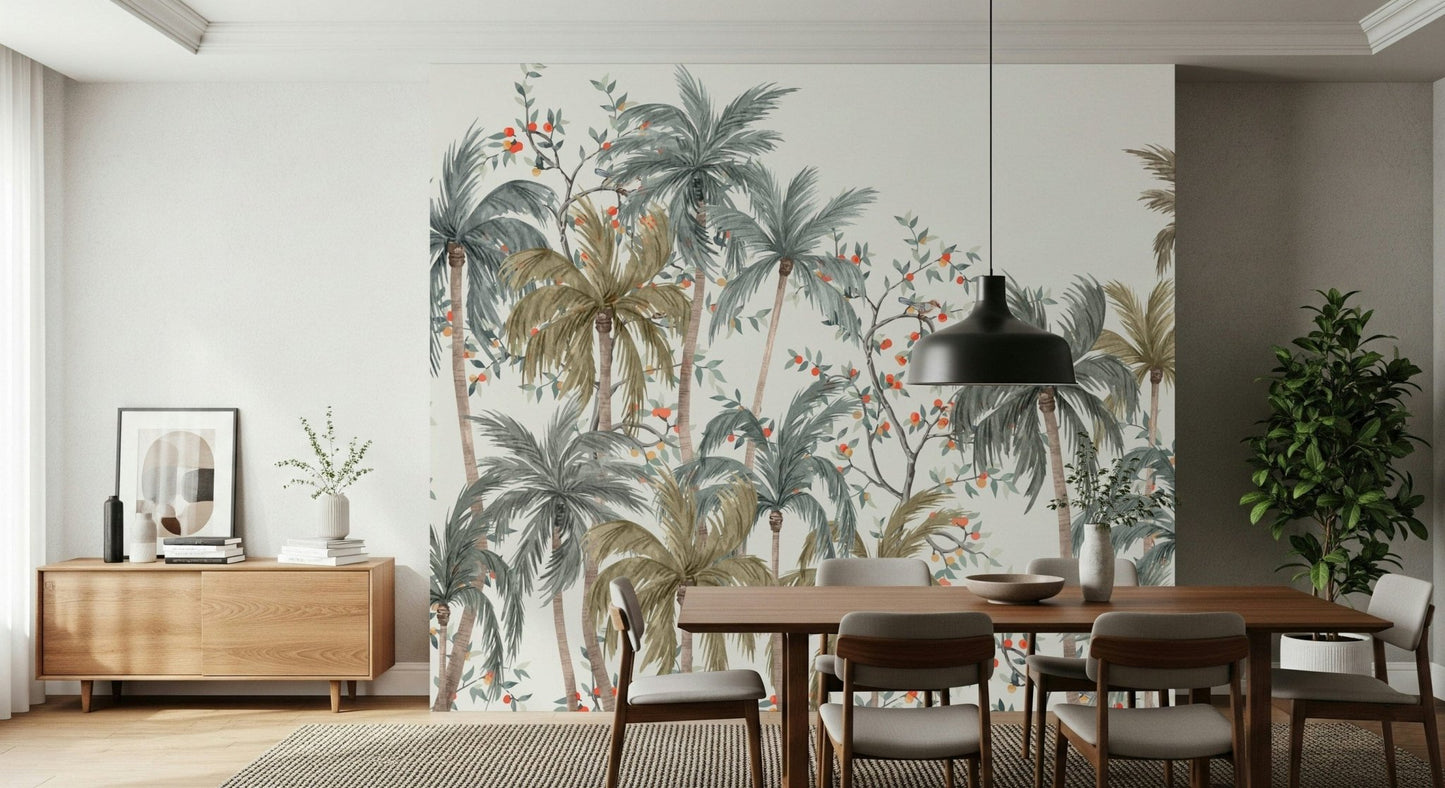 Watercolor Palms Wall Mural behind a velvet sofa in a luxury lounge.