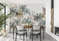 Large scale Watercolor Palms wallpaper in an airy open-plan living space.