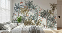 Neutral toned Watercolor Palms wallpaper in a contemporary guest suite.