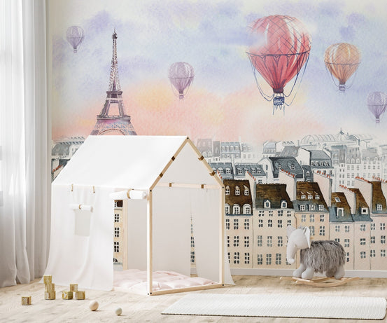 Watercolor Paris wallpaper with hot air balloons at sunset A811