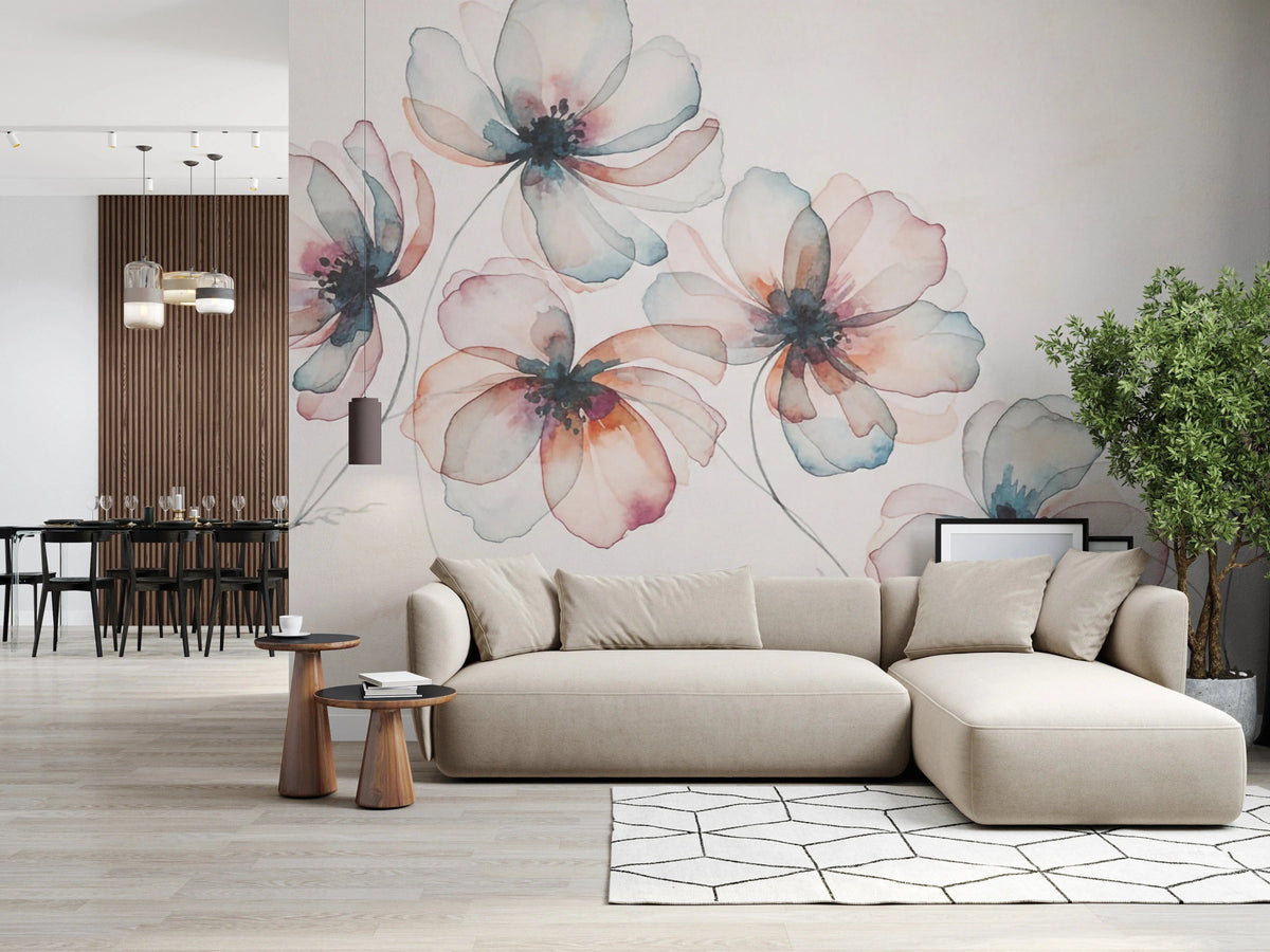 Living room with Watercolor Petals wall mural and soft painted floral blooms, GD8052