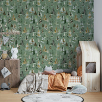 Sage Green Nature Watercolor Wallpaper with Pines

