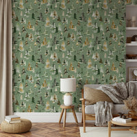 Tranquil Sage Green Forest Watercolor Pines Wallpaper

