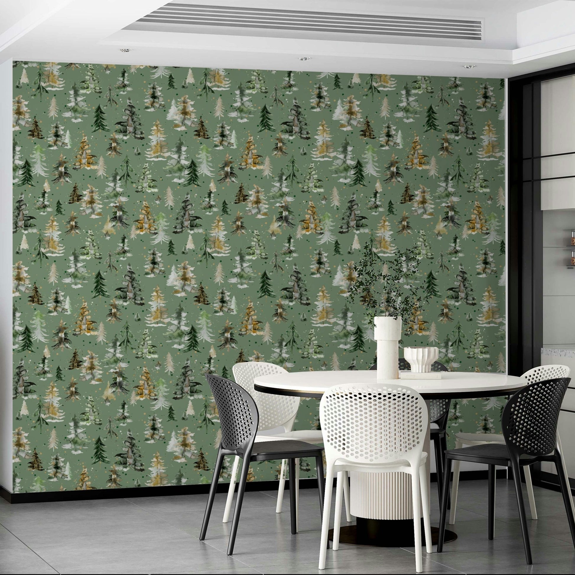 Watercolor Forest Pines Spruces Wallpaper for Walls

