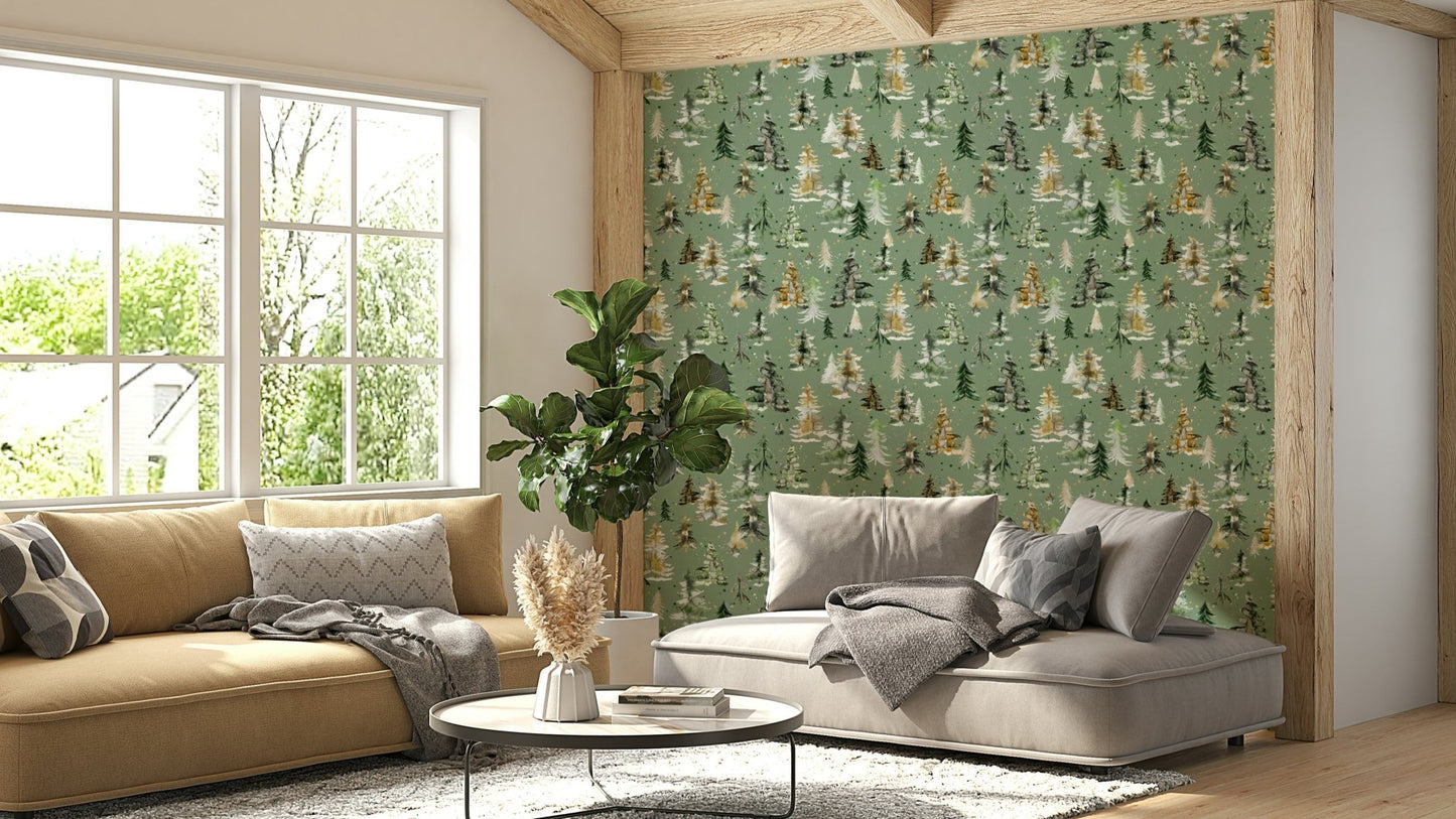 Sage Green Forest Wallpaper with Watercolor Pines

