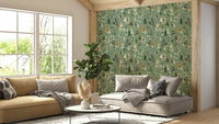 Sage Green Forest Wallpaper with Watercolor Pines

