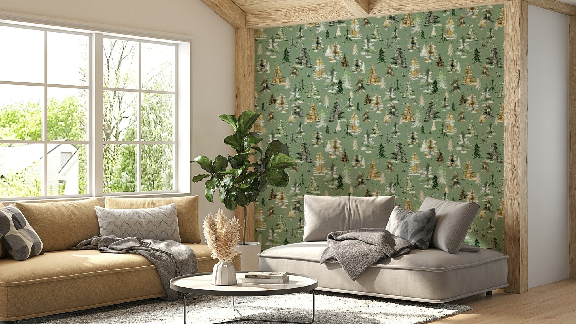 Sage Green Forest Wallpaper with Watercolor Pines, GD1568