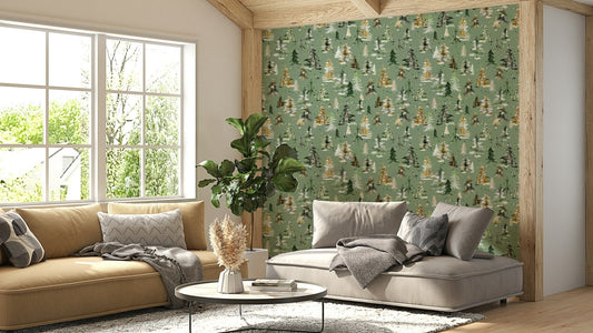 Sage Green Forest Wallpaper with Watercolor Pines

