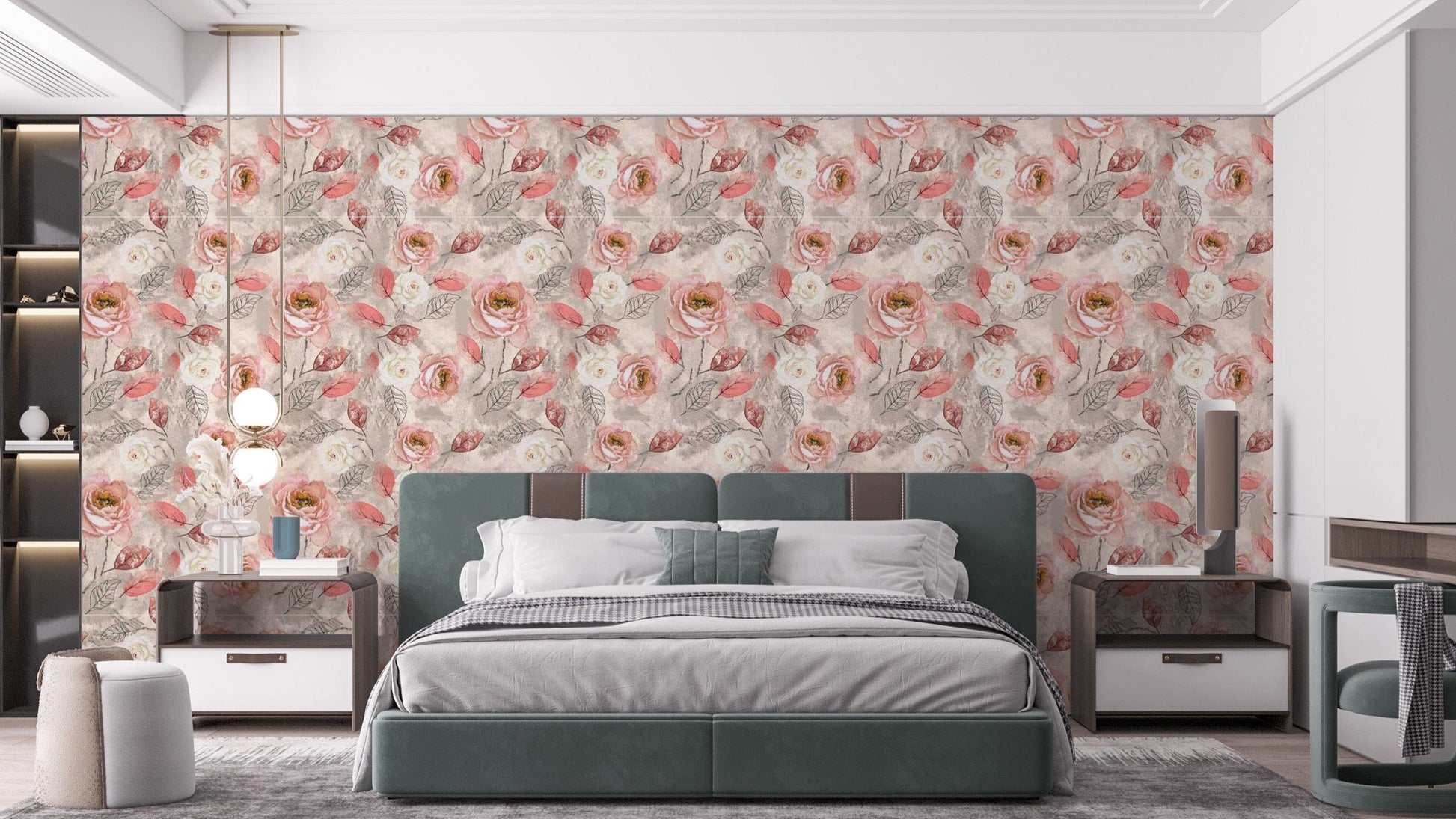 Blush pink flower wallpaper mural for a soothing ambiance.