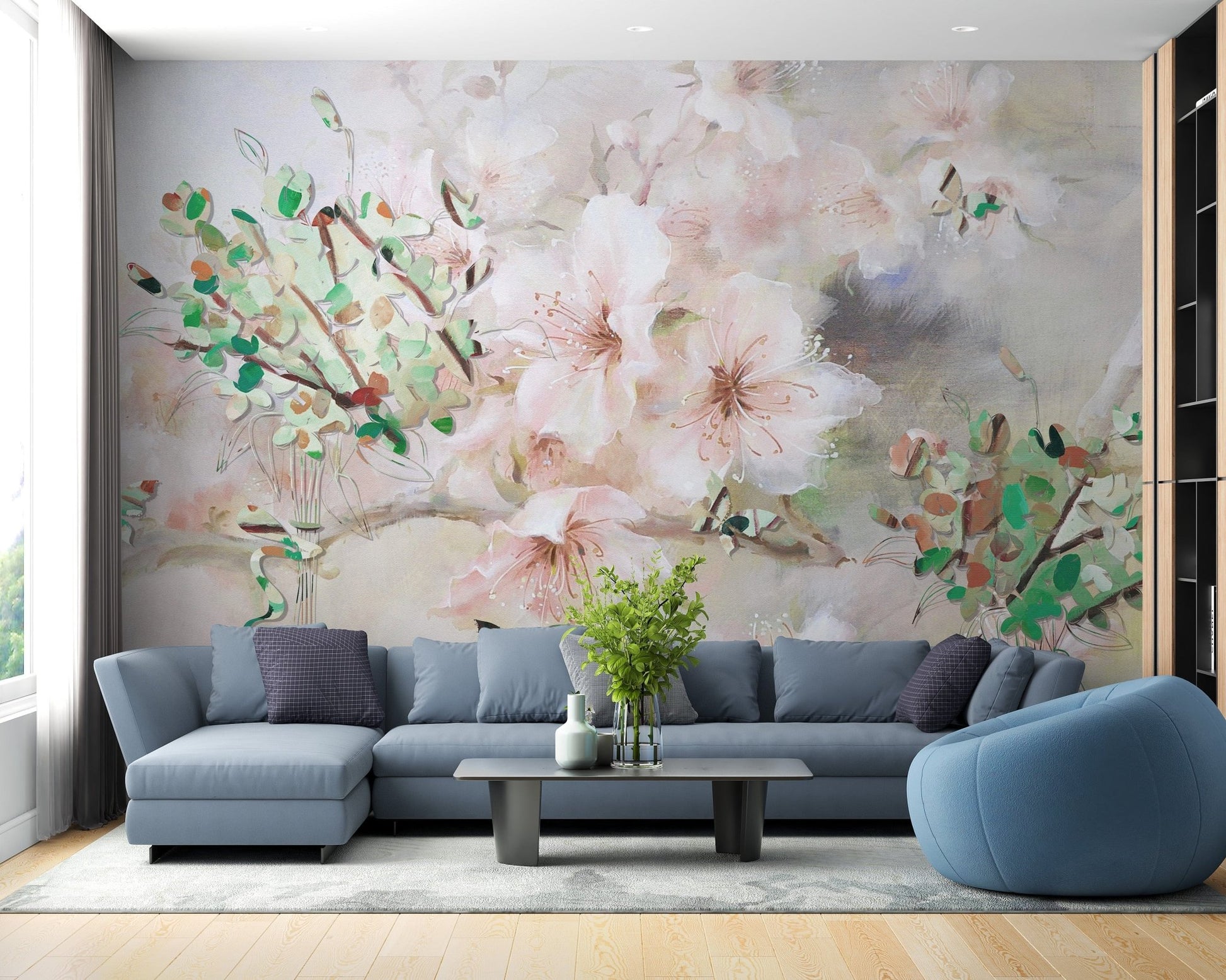 Watercolor-inspired pink sakura flower mural
