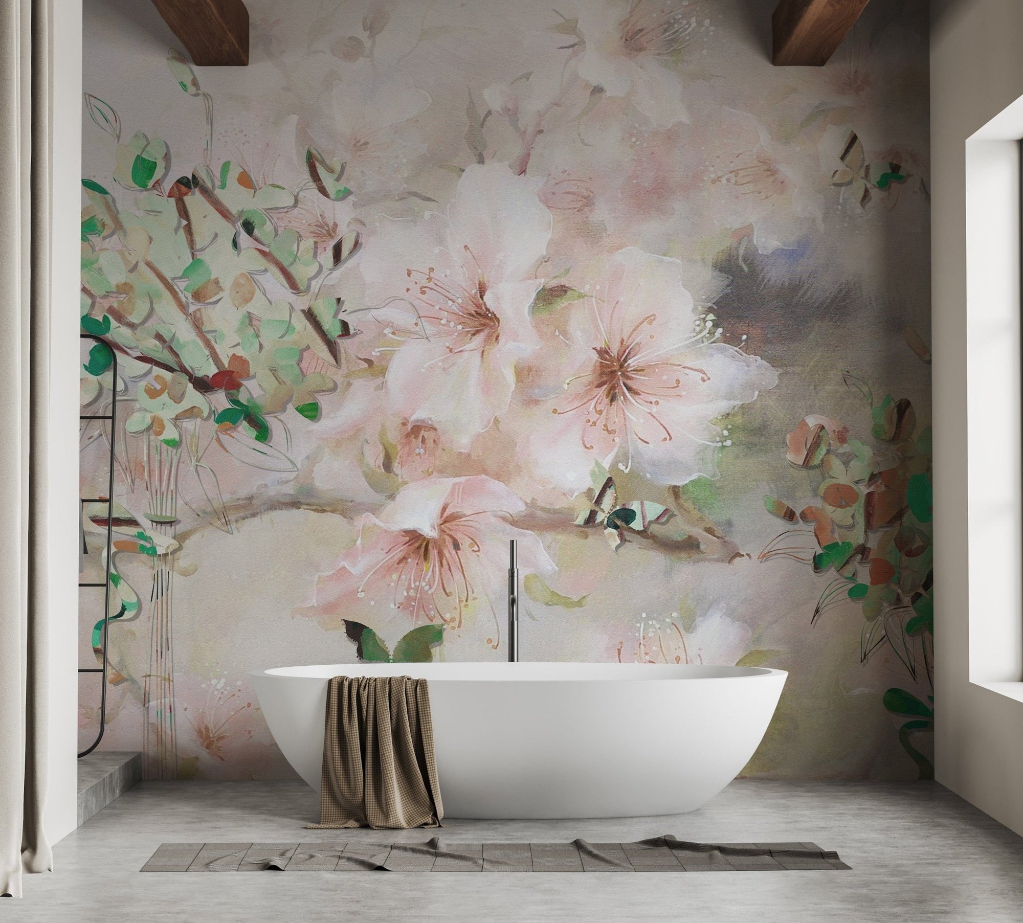 Elegant pink sakura watercolor wall mural A213