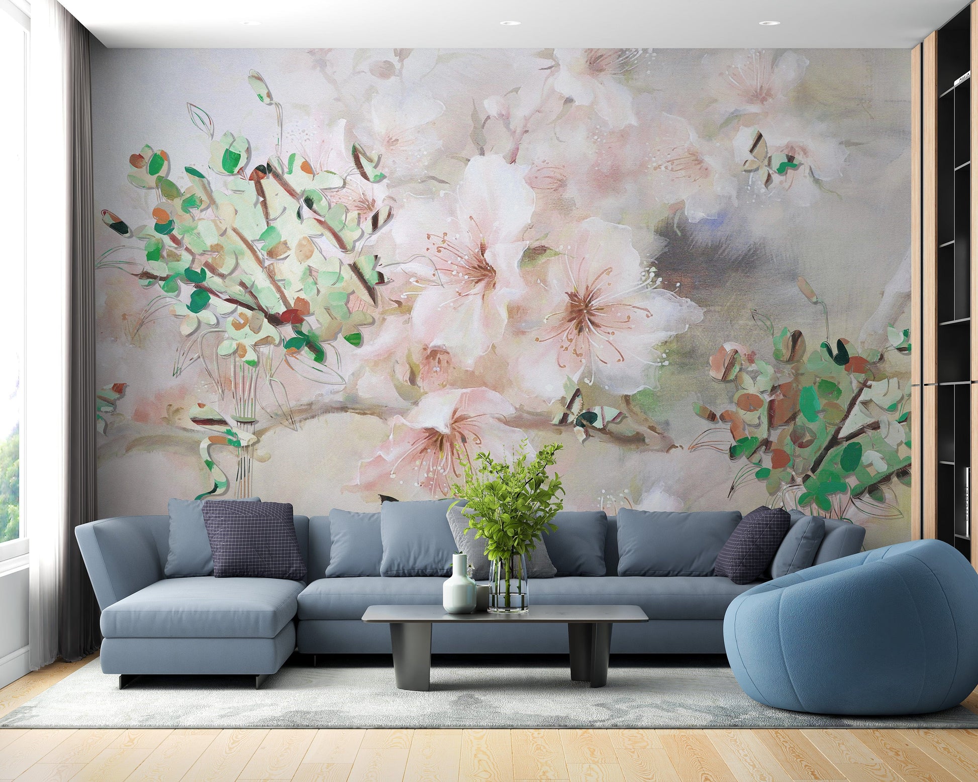 Watercolor-inspired pink sakura flower mural
