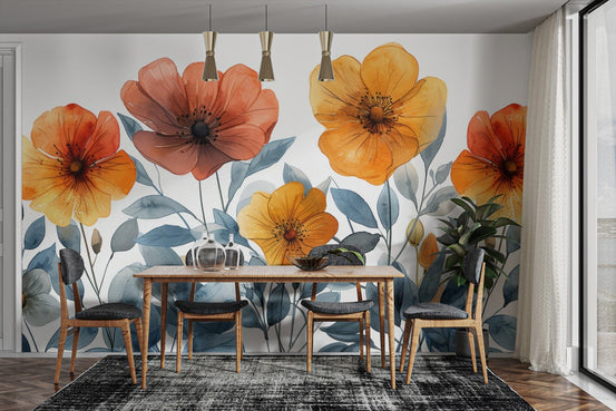 Watercolor poppies floral wall mural D135
