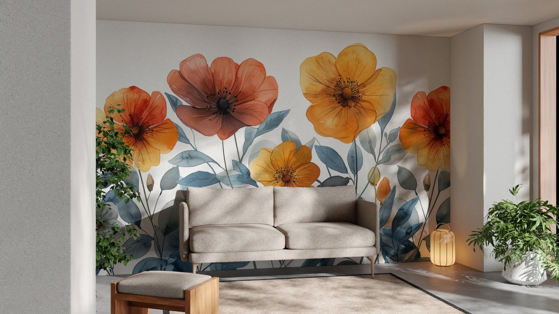 Artistic poppies flower wall covering
