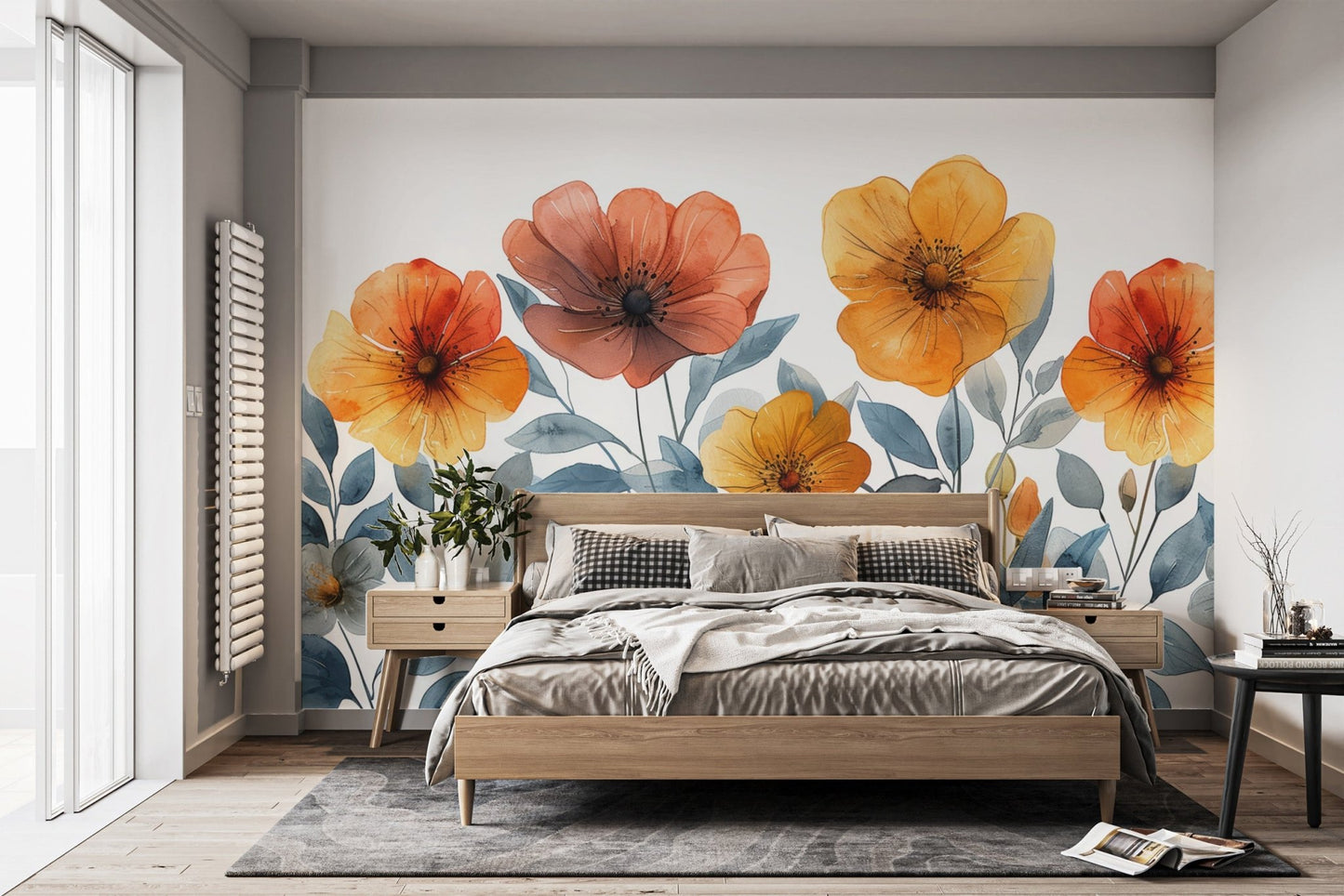 Hand-painted watercolor poppies mural
