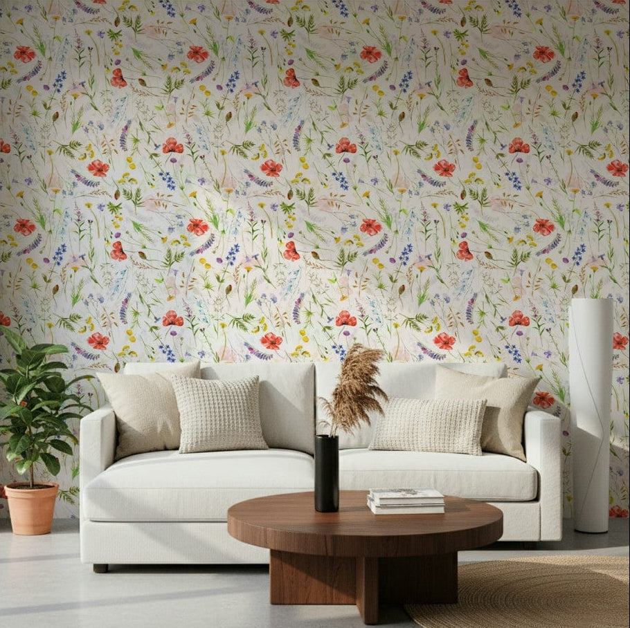 Bespoke Watercolor Poppies Meadow wallcovering, custom interior accent piece., GD7188