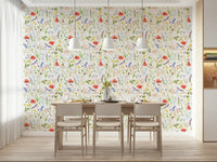Stunning Watercolor Poppies Meadow floral wall mural, watercolor illustration.