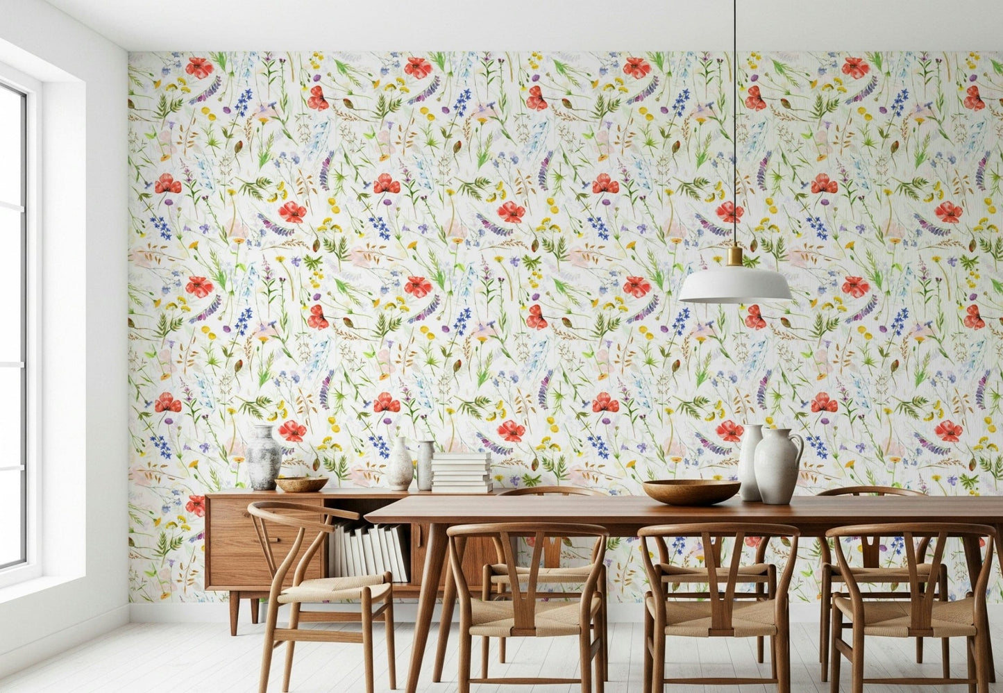 Exquisite Poppies Meadow wallpaper mural, beautiful scatter floral design.