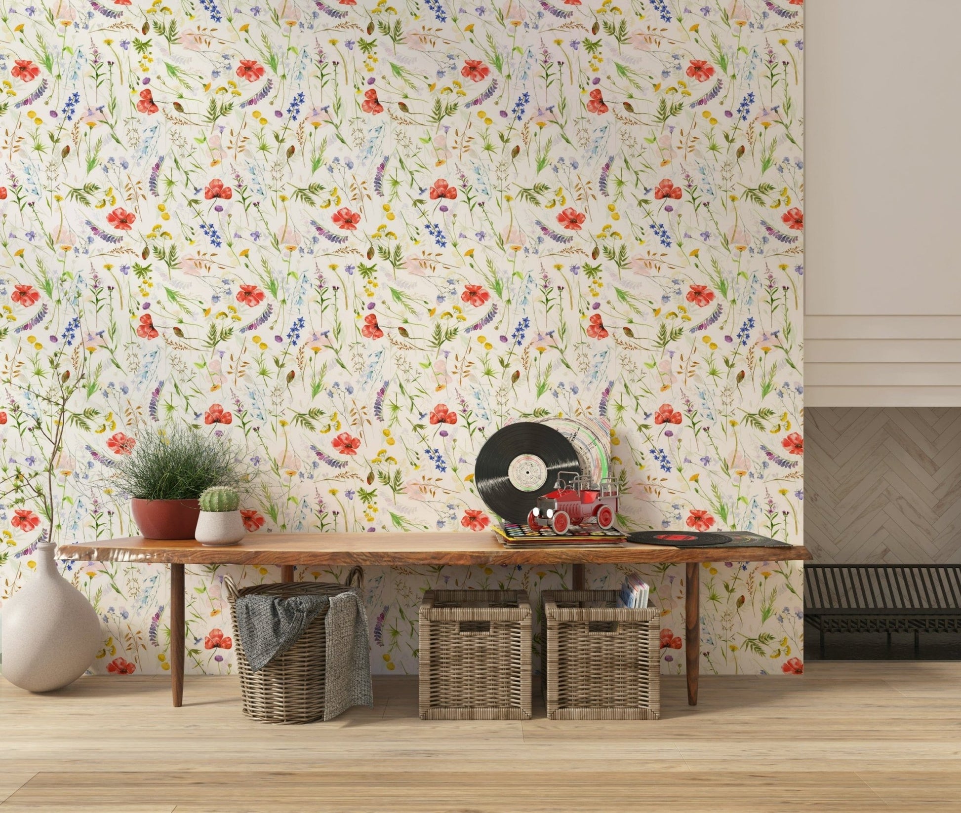 Cheery Poppies Meadow peel and stick wallpaper, vivid reds and purples.