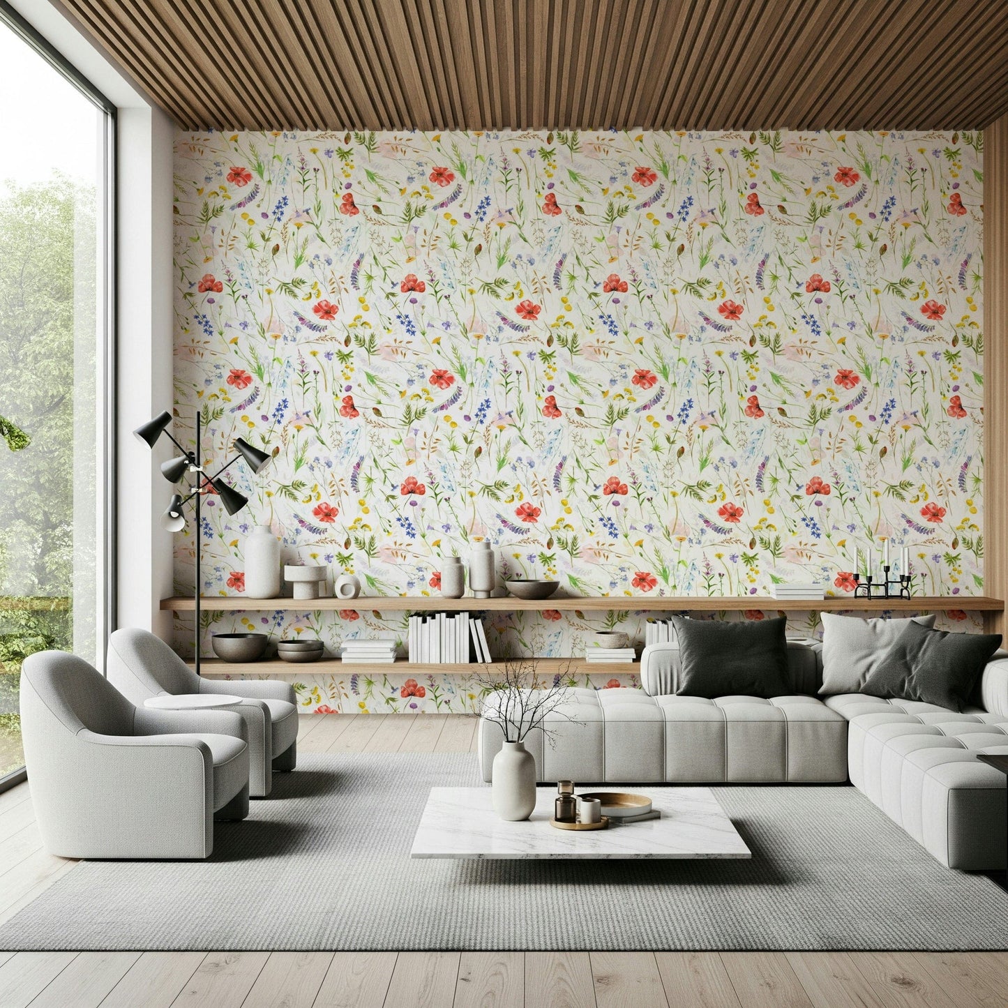 Elegant Poppies Meadow wallpaper pattern, mixed grass and flower stems.