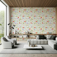 Elegant Poppies Meadow wallpaper pattern, mixed grass and flower stems.