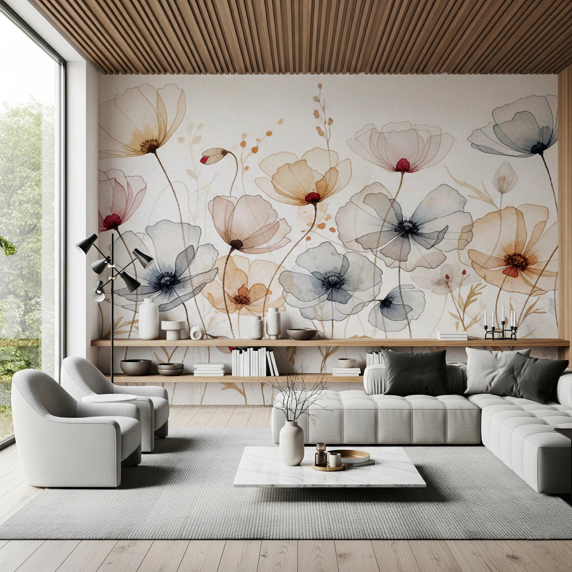 Hand-drawn poppy botanical mural for walls
