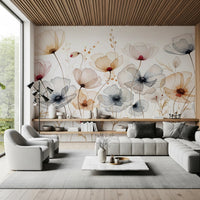 Hand-drawn poppy botanical mural for walls