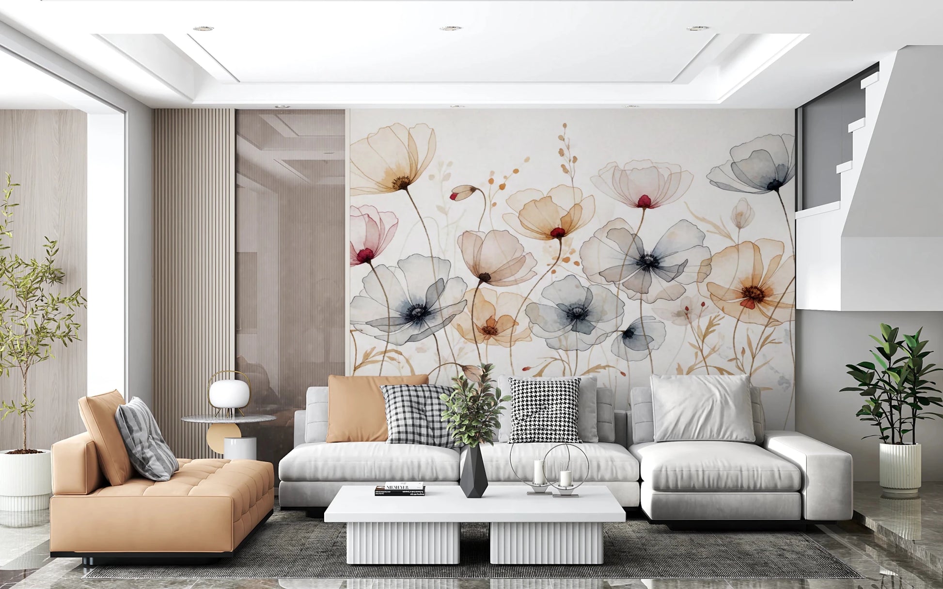 Translucent floral art peel and stick mural