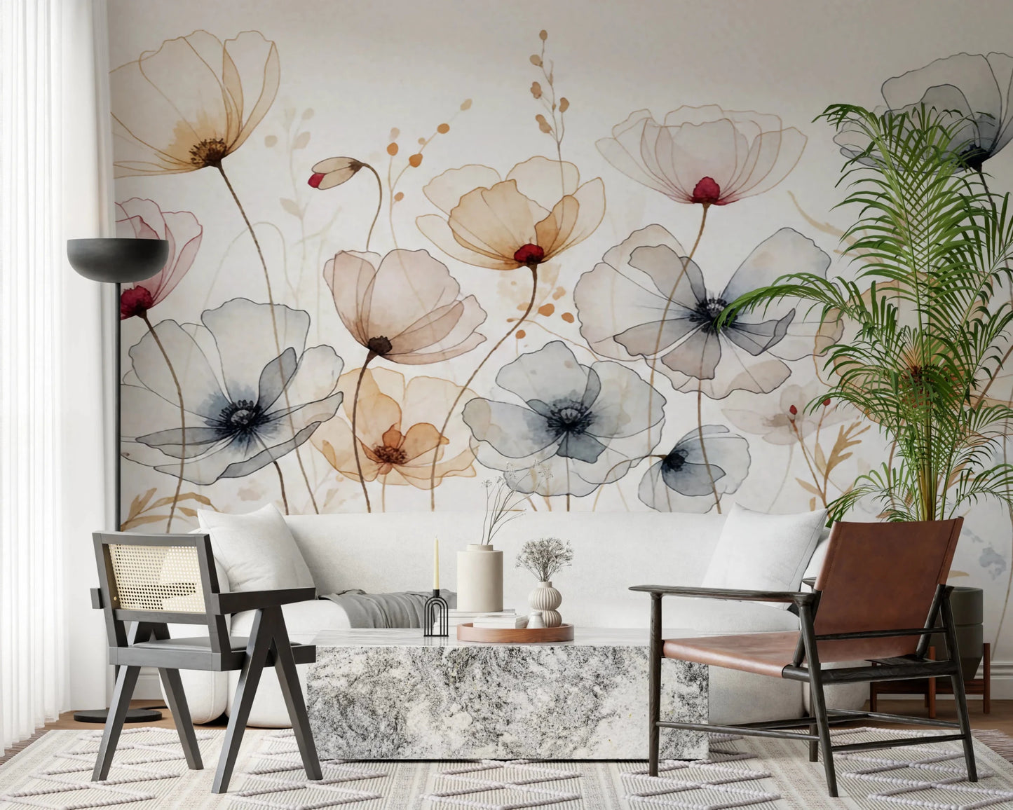 Light and airy poppy flower wallpaper mural