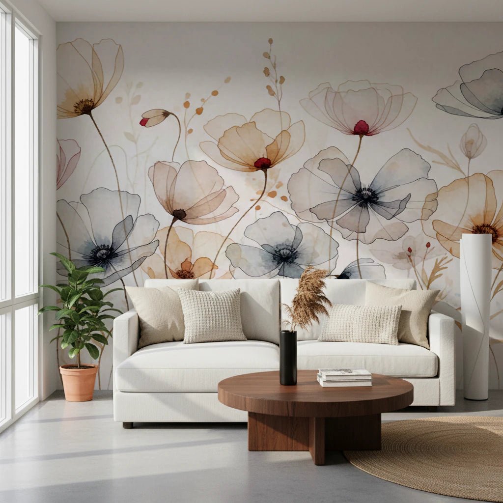 Muted tones watercolor poppy wall mural art