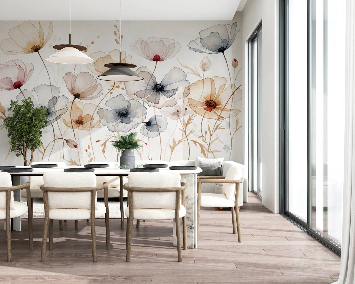 Ethereal blue and amber floral wall wallpaper