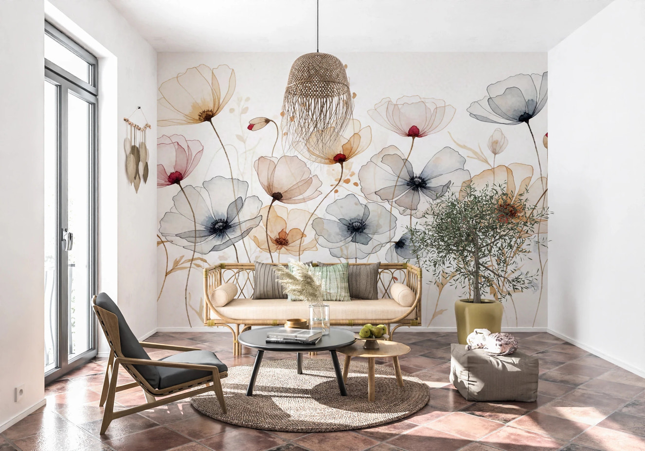 Soft watercolor poppies wall mural wallpaper