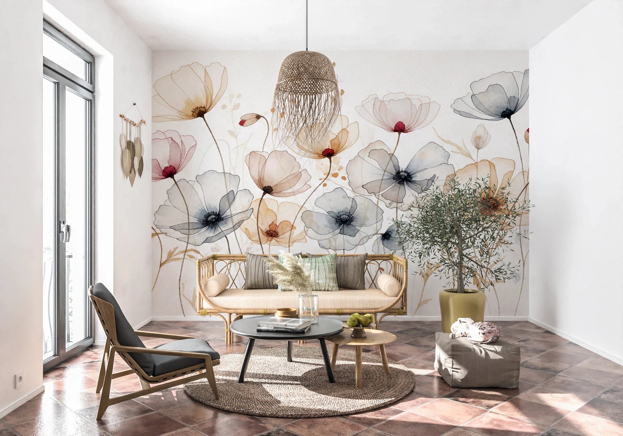 Soft watercolor poppies wall mural wallpaper, GD8445