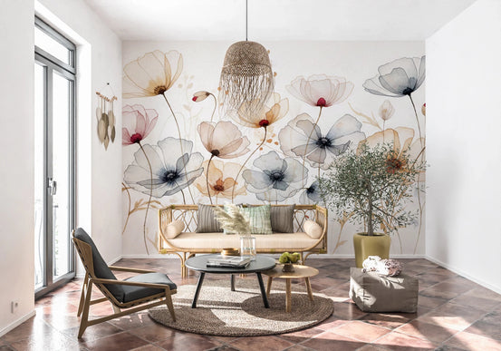 Soft watercolor poppies wall mural wallpaper, GD8445