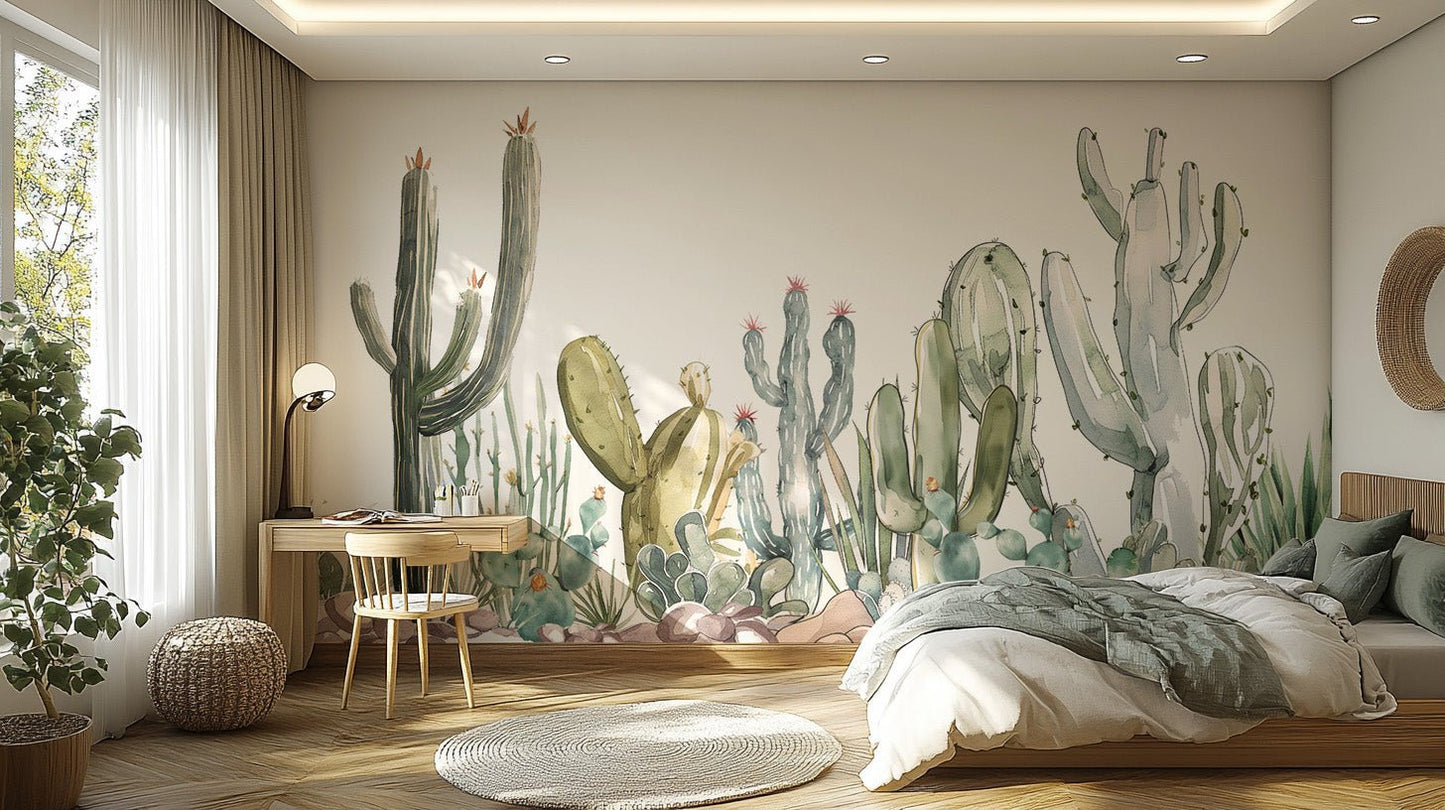 Watercolor Prickle Desert Cactus Wallpaper