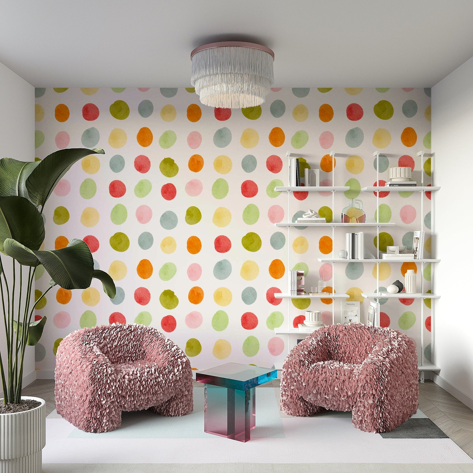 The image shows a serene, natural scene with a watercolor dot pattern.


