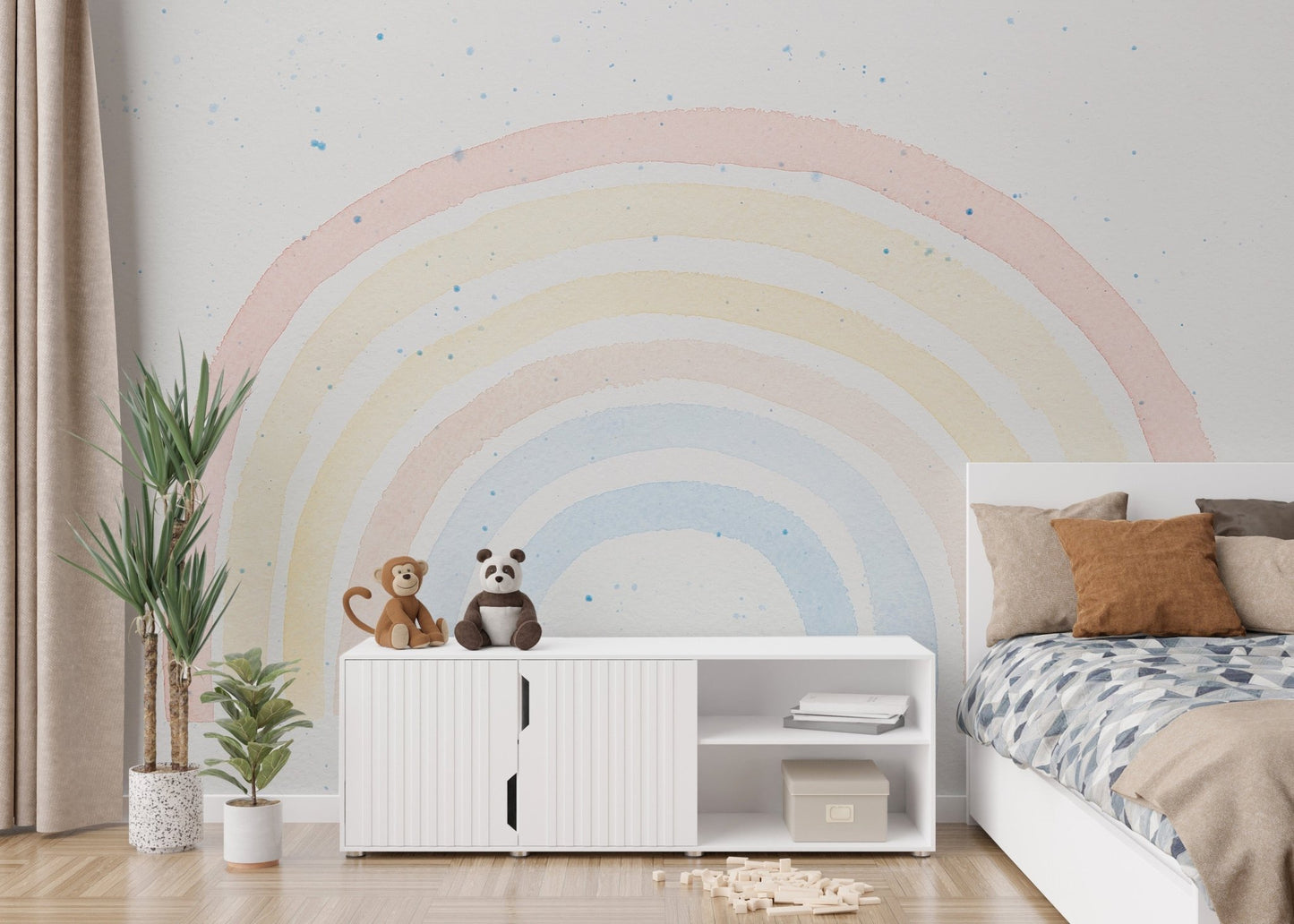 Vibrant watercolor rainbow wall art mural
