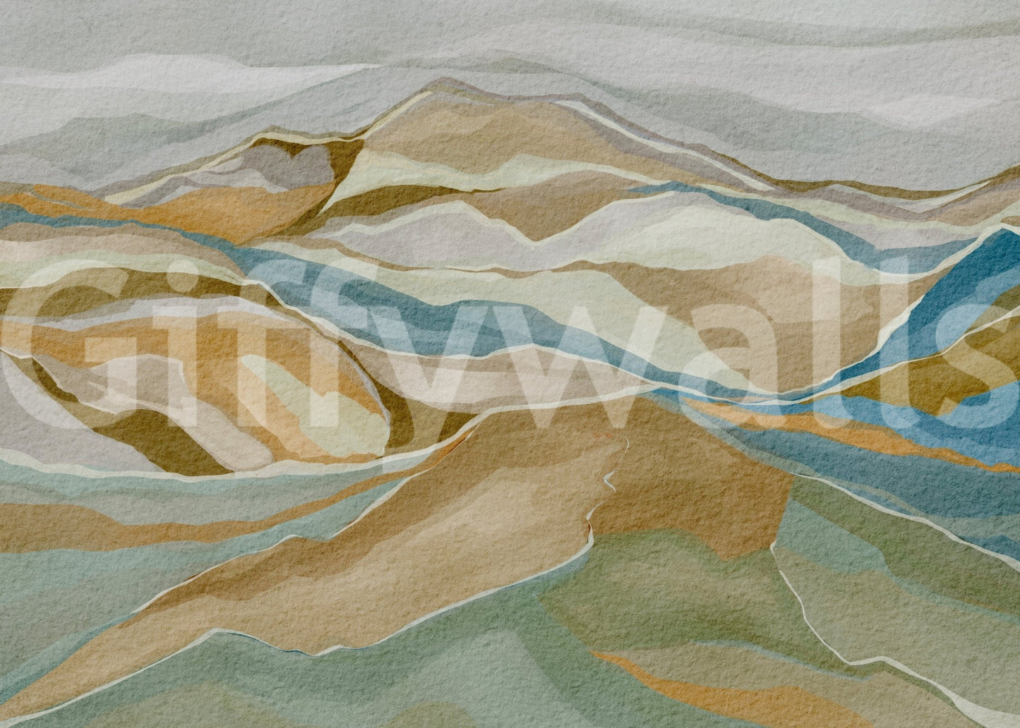Watercolor Ridge view Wall Mural with layered hills in soft blue, sand, and sage, GD8883