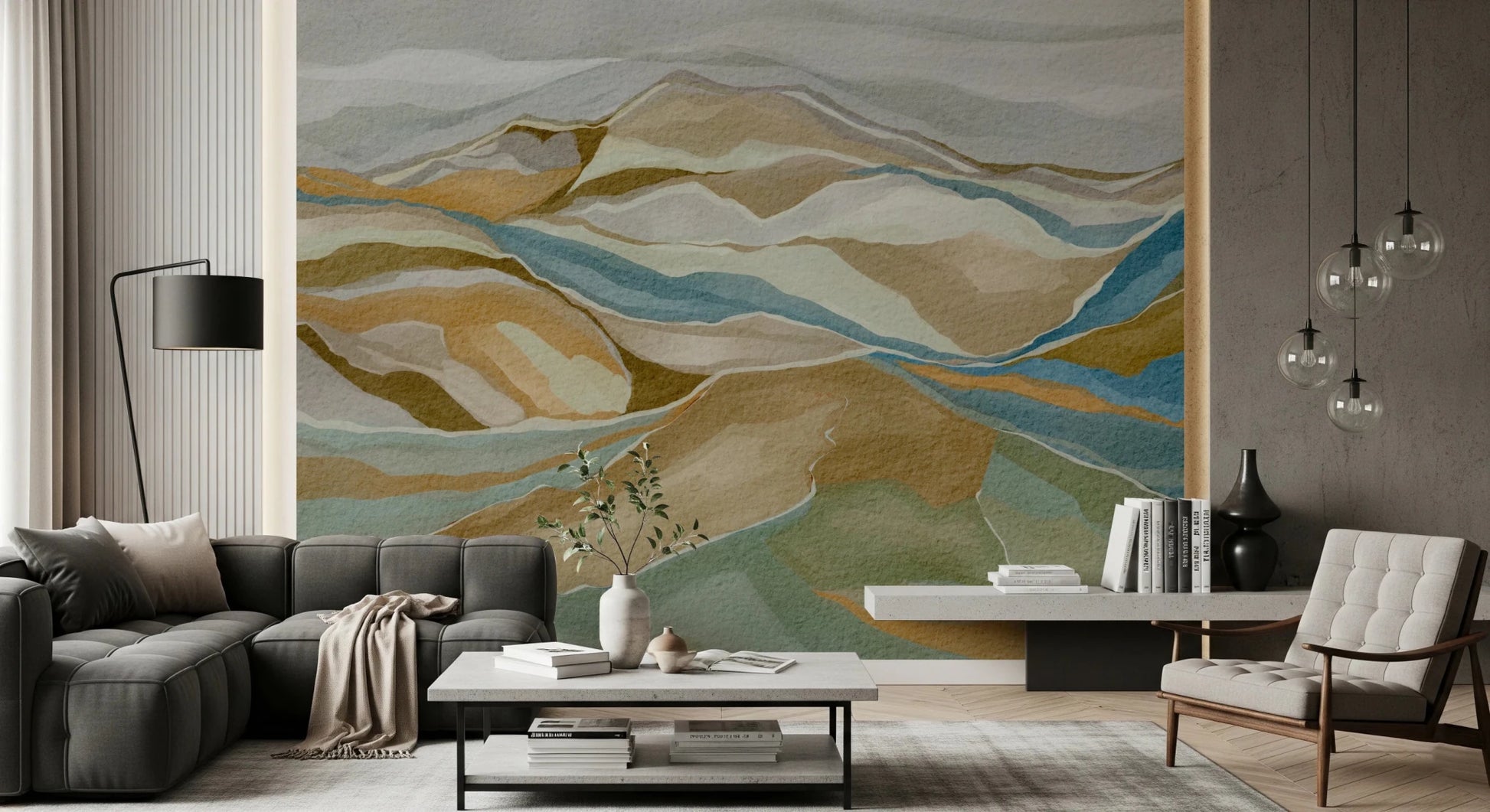 Modern lounge with Watercolor Ridge view Wall Mural and panoramic peaks, GD8883