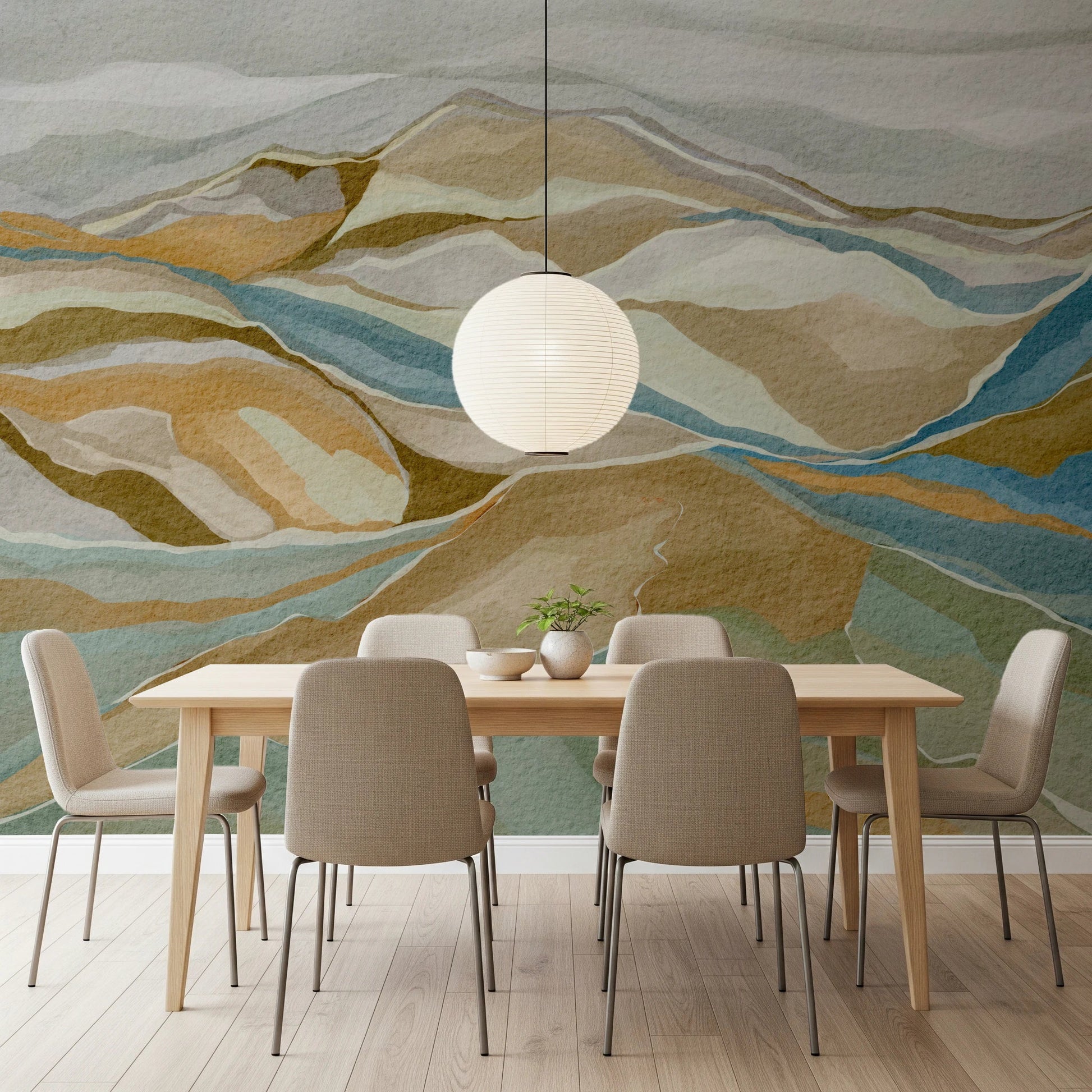 Watercolor Ridge view Wall Mural bringing landscape detail to a dining room, GD8883