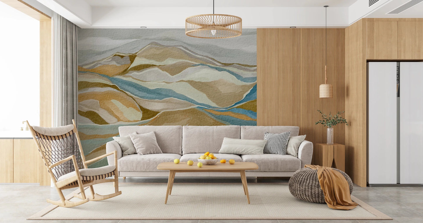 living room finished with Watercolor Ridge view Wall Mural in muted tones, GD8883
