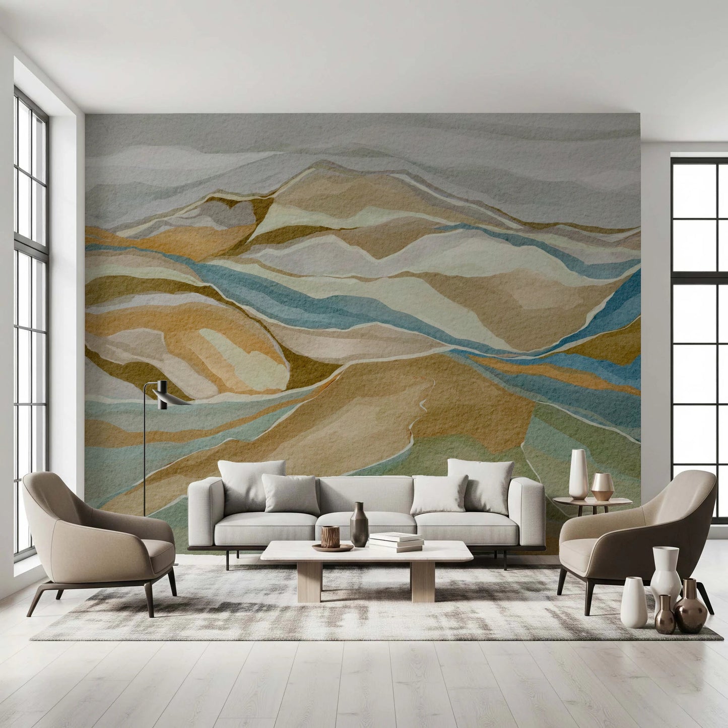 Soft neutral lounge framed by Watercolor Ridge view Wall Mural, GD8883